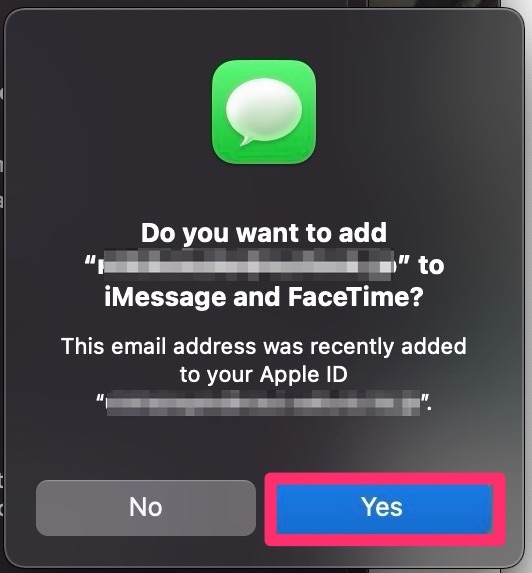 FaceTime に先ほど追加したメールアドレスを使うので Yes（はい）