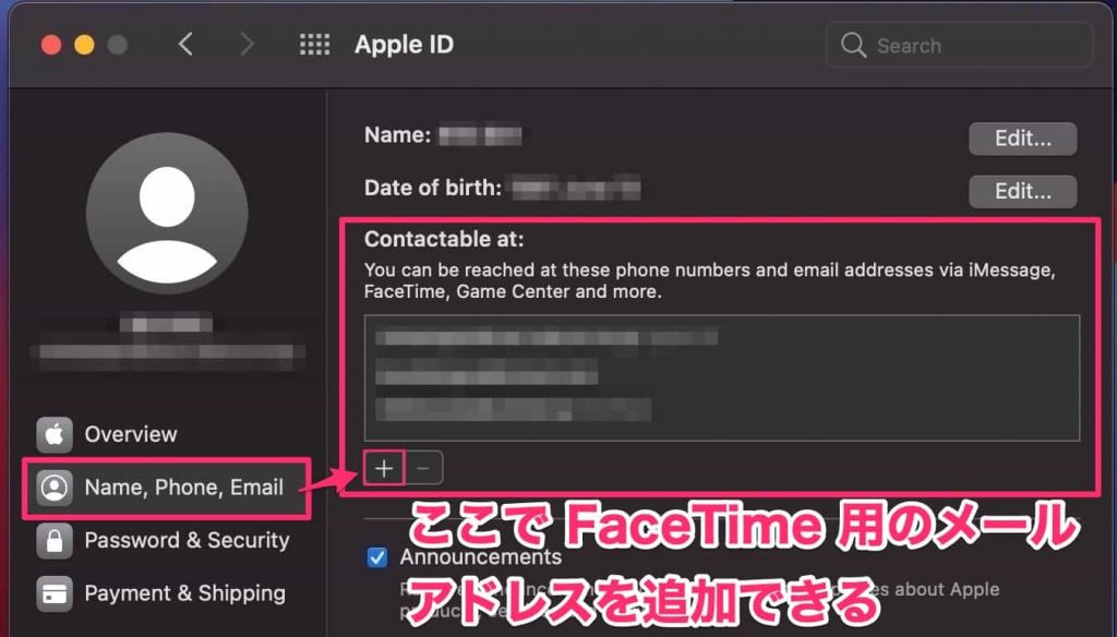 Mac の環境設定にある Apple ID からも FaceTime 用のメールアドレスを追加できる